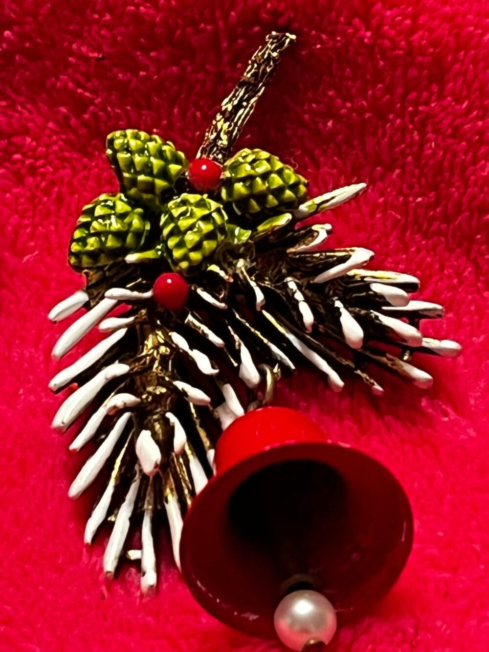 Vintage Christmas Bell Brooch Pinecone Holiday Pin